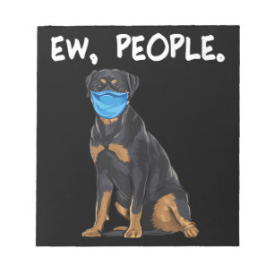 rottweiler ew people dog wearing face mask notepad