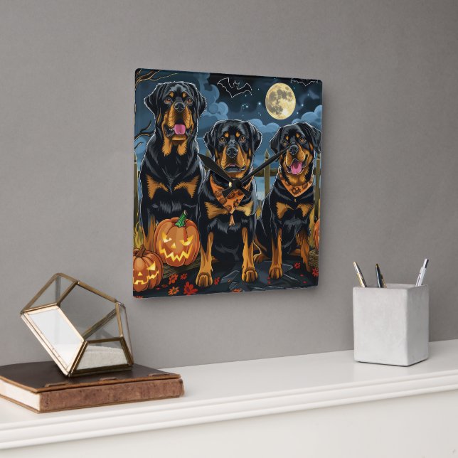Rottweiler Halloween Spooky Square Wall Clock (Office)