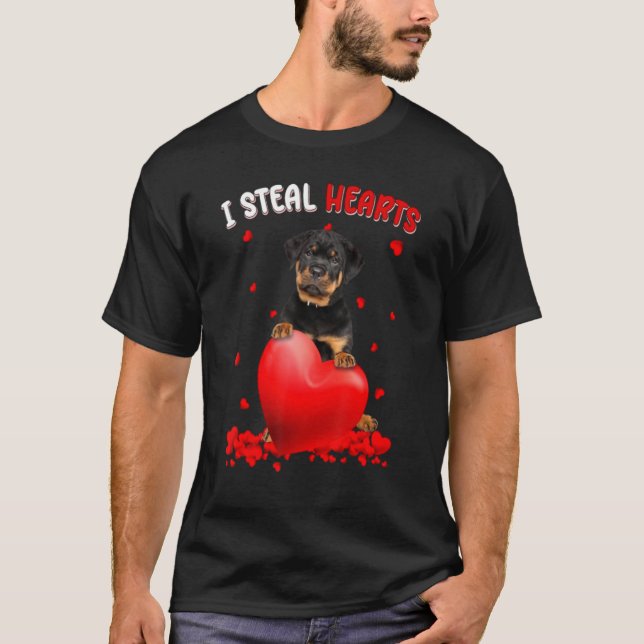 Rottweiler I Steal Hearts Cute Dog Hug Heart Valen T-Shirt (Front)