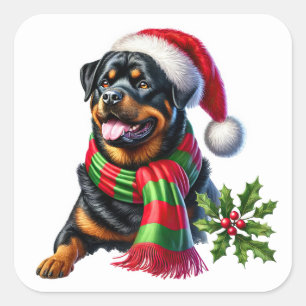Rottweiler in a Christmas Hat and Scarf Square Sticker