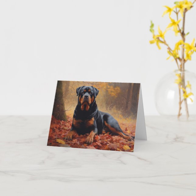 Rottweiler in Autumn Leaves Fall Inspire Card (Yellow Flower)