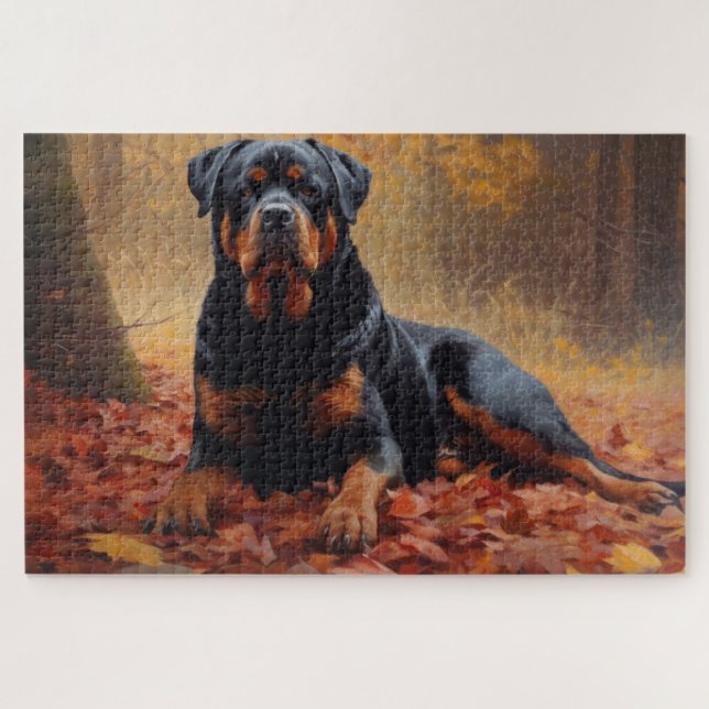 Rottweiler in Autumn Leaves Fall Inspire Jigsaw Puzzle (Horizontal)