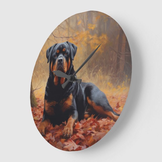 Rottweiler in Autumn Leaves Fall Inspire Large Clock (Angle)