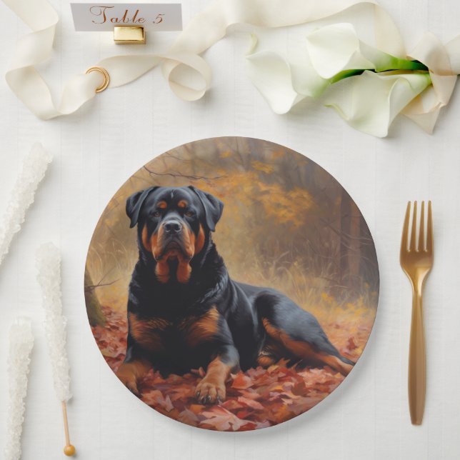 Rottweiler in Autumn Leaves Fall Inspire Paper Plate (Wedding)