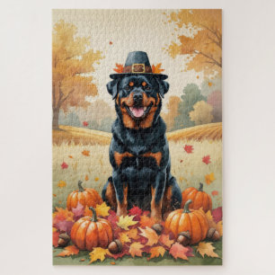 Rottweiler In Autumn Leaves Thanksgiving Art Jigsaw Puzzle