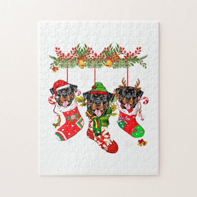 Rottweiler In Socks Christmas Santa Hat Xmas Light Jigsaw Puzzle (Vertical)