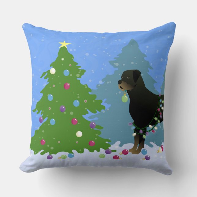 Rottweiler in the Christmas Forest Cushion (Front)