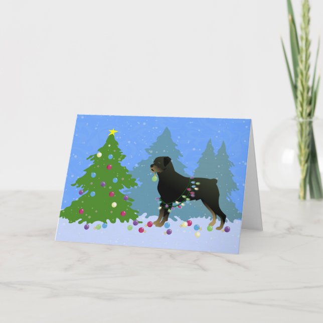 Rottweiler in the Christmas Forest Holiday Card (Front)