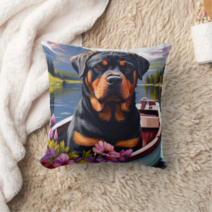 Rottweiler on a Paddle: A Scenic Adventure Cushion