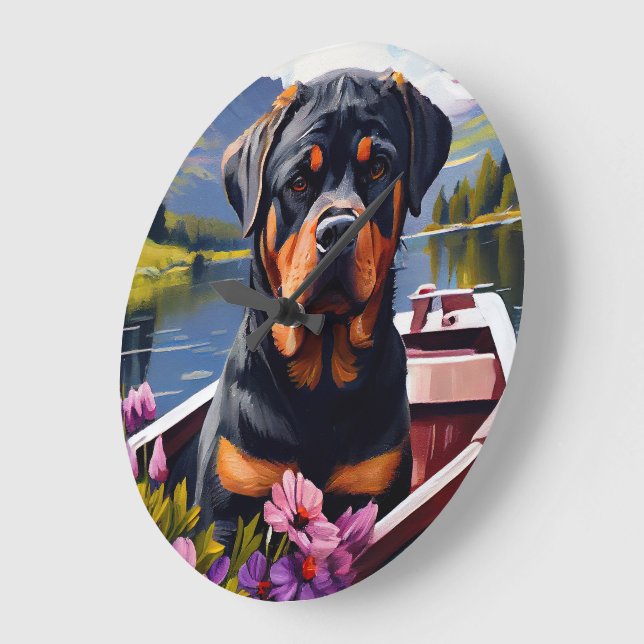 Rottweiler on a Paddle: A Scenic Adventure Large Clock (Angle)