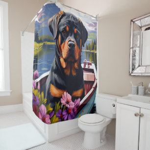 Rottweiler on a Paddle: A Scenic Adventure Shower Curtain