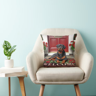 Rottweiler On a Welcome Doormat Cushion