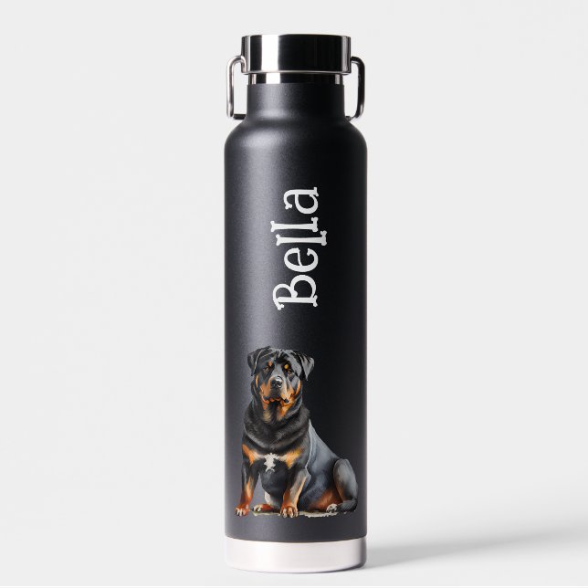 Rottweiler Personalise Dog's Name, Cute Rottie Water Bottle (Front)