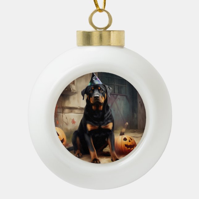 Rottweiler Pumpkins Halloween Scary  Ceramic Ball Christmas Ornament (Front)