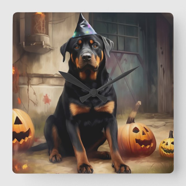 Rottweiler Pumpkins Halloween Scary  Square Wall Clock (Front)