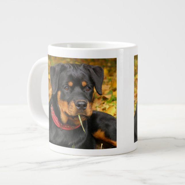 Rottweiler Pup Lying On The Ground In Forest Large Coffee Mug (Front Left)
