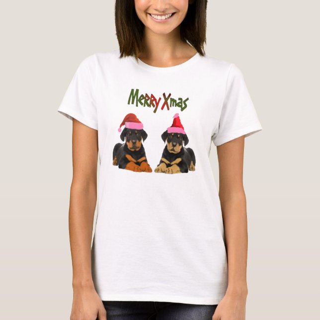 Rottweiler puppies santa hat T- Shirt (Front)