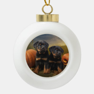 Rottweiler Puppy Autumn Delight Pumpkin Ceramic Ball Christmas Ornament