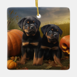 Rottweiler Puppy Autumn Delight Pumpkin Ceramic Ornament