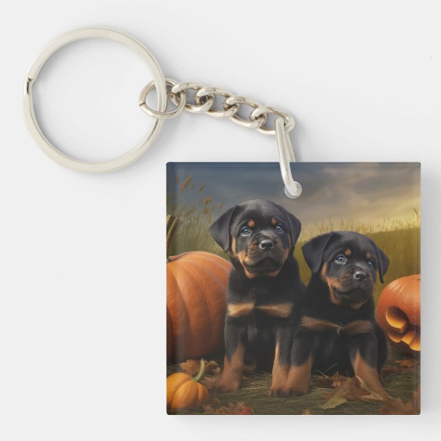 Rottweiler Puppy Autumn Delight Pumpkin Key Ring (Front)