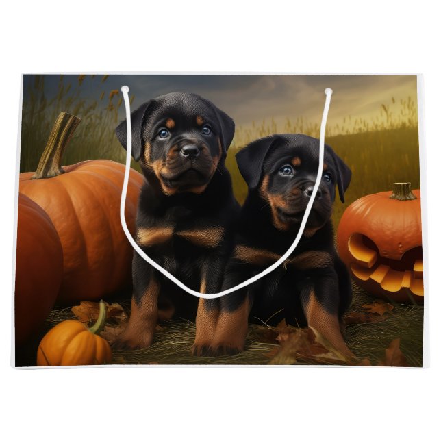 Rottweiler Puppy Autumn Delight Pumpkin Large Gift Bag (Front)