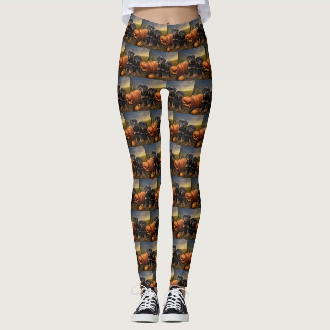Rottweiler Puppy Autumn Delight Pumpkin Leggings (Front)