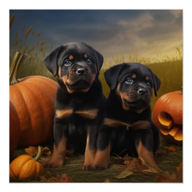 Rottweiler Puppy Autumn Delight Pumpkin Poster (Front)