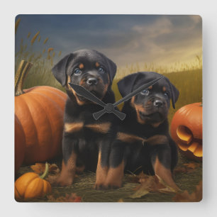 Rottweiler Puppy Autumn Delight Pumpkin Square Wall Clock