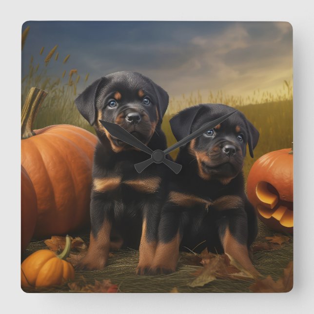 Rottweiler Puppy Autumn Delight Pumpkin Square Wall Clock (Front)