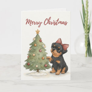 Rottweiler Puppy by Christmas Tree Card