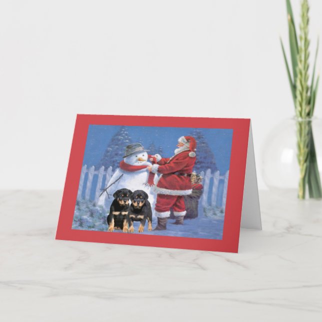 Rottweiler Puppy Christmas Card Santa and Snowman (Front)