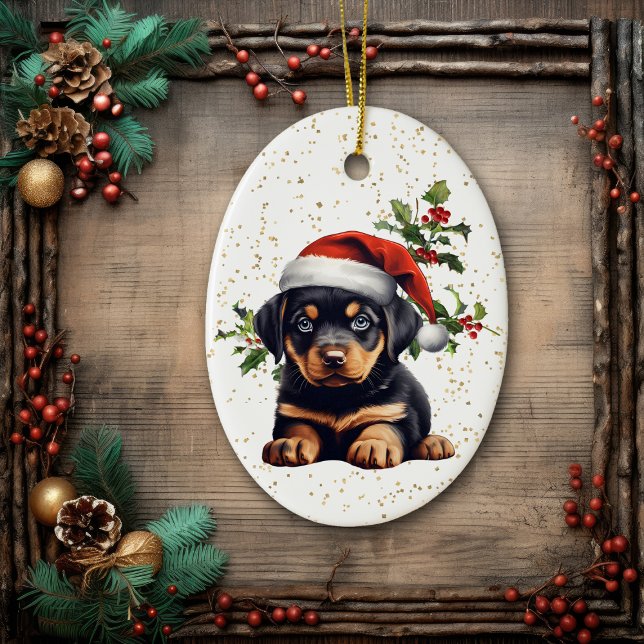 Rottweiler Puppy Christmas Holly Ceramic Ornament (Creator Uploaded)