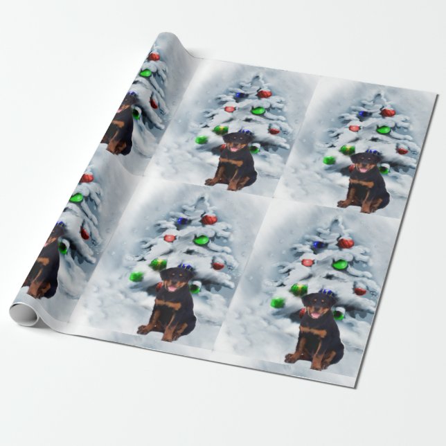 Rottweiler Puppy Christmas Wrapping Paper (Unrolled)
