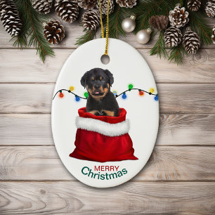 Rottweiler Puppy Dog in Holiday Gift Bag Ceramic Ornament
