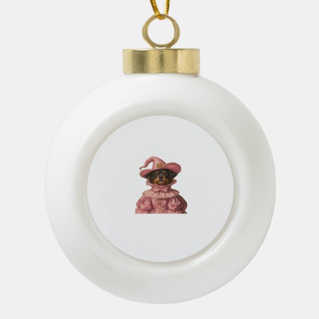 Rottweiler Puppy Dressed as a Pink Witch – Cute Ha Ceramic Ball Christmas Ornament (Front)
