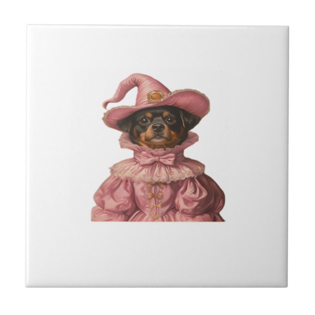Rottweiler Puppy Dressed as a Pink Witch ? Cute Ha Ceramic Tile (Front)