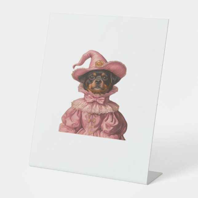 Rottweiler Puppy Dressed as a Pink Witch – Cute Ha Pedestal Sign (Front)