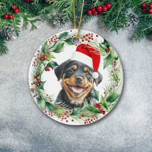 Rottweiler Puppy Holly Wreath Christmas Ceramic Ornament