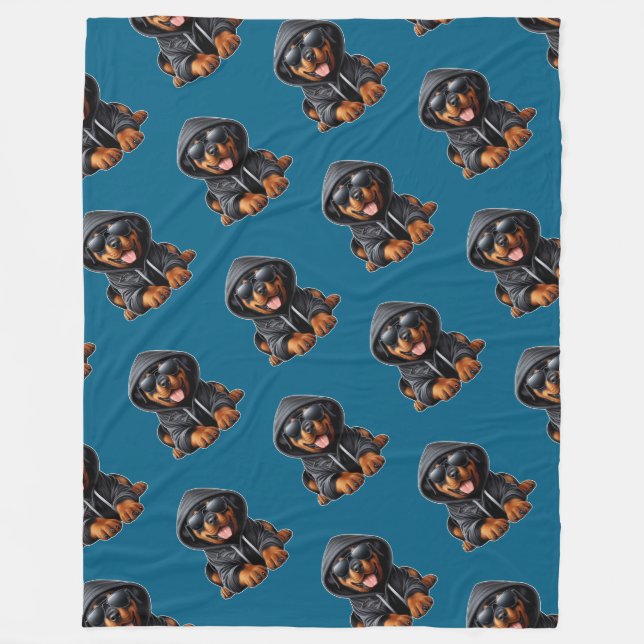 Rottweiler Puppy in Hooded Sweatshirt  Fleece Blanket (Front)
