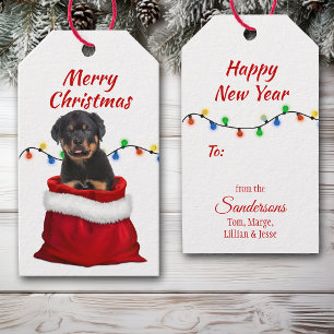 Rottweiler Puppy in Santa Bag Gift Tags
