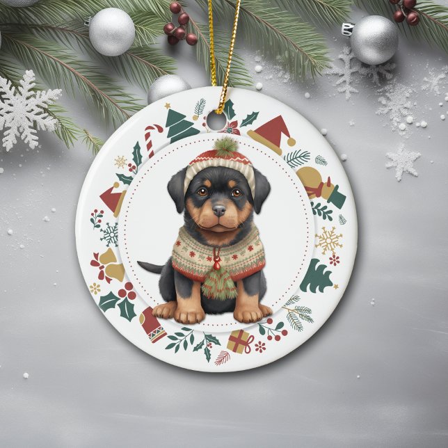 Rottweiler Puppy in Winter Sweater Christmas Ceramic Ornament (Creator Uploaded)