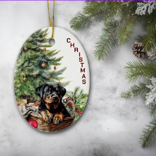 Rottweiler Puppy Wicker Basket Christmas Ceramic Ornament