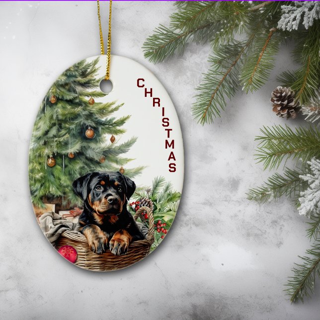 Rottweiler Puppy Wicker Basket Christmas Ceramic Ornament (Creator Uploaded)