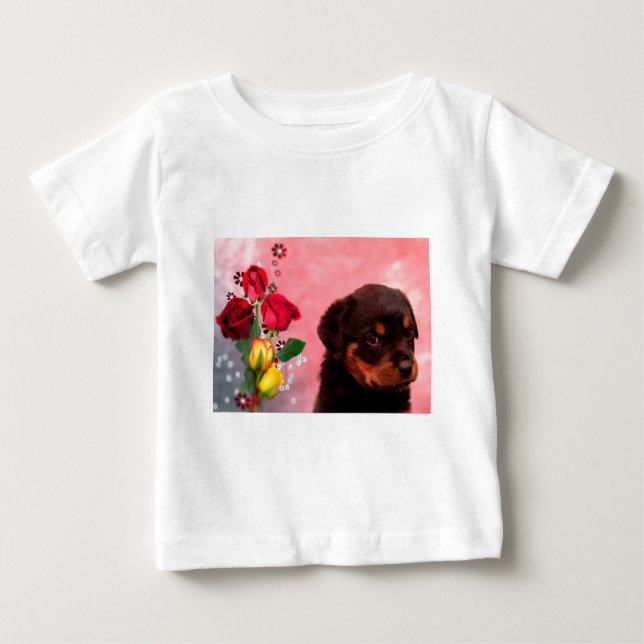 Rottweiler Puppy with Red and Yellow Flowers Baby T-Shirt (Front)