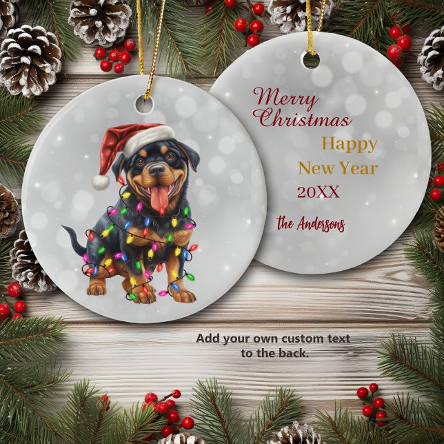 Rottweiler Puppy Wrapped in Christmas Lights  Ceramic Ornament (Creator Uploaded)