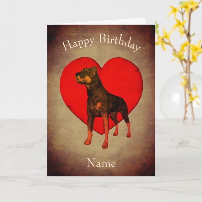 Rottweiler Red Heart Dog Personalised Birthday  Card (Yellow Flower)