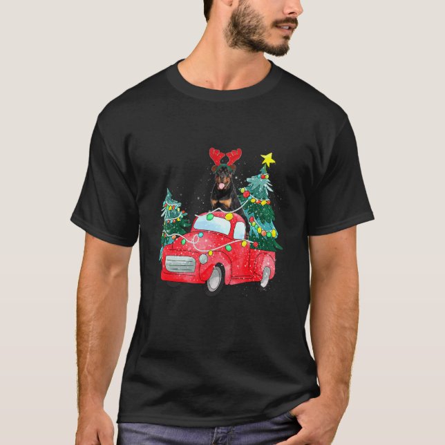 Rottweiler Ride Red Truck Christmas Dog  Xmas Paja T-Shirt (Front)