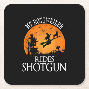 Rottweiler Rides Shotgun Dog Lover Halloween Party Square Paper Coaster
