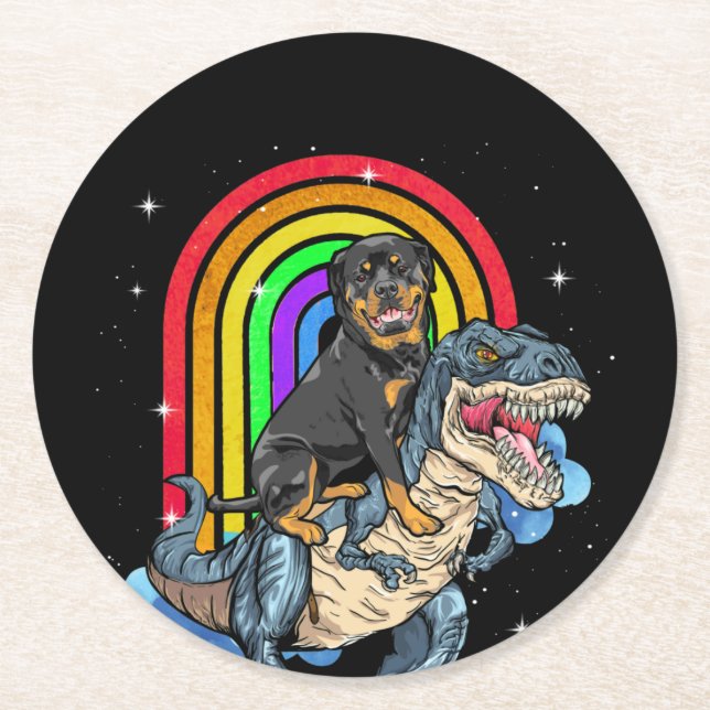 Rottweiler Riding Dinosaur T rex Rainbow Round Paper Coaster (Front)