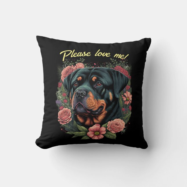 Rottweiler& Roses Throw Pillow & Customisable Text (Front)